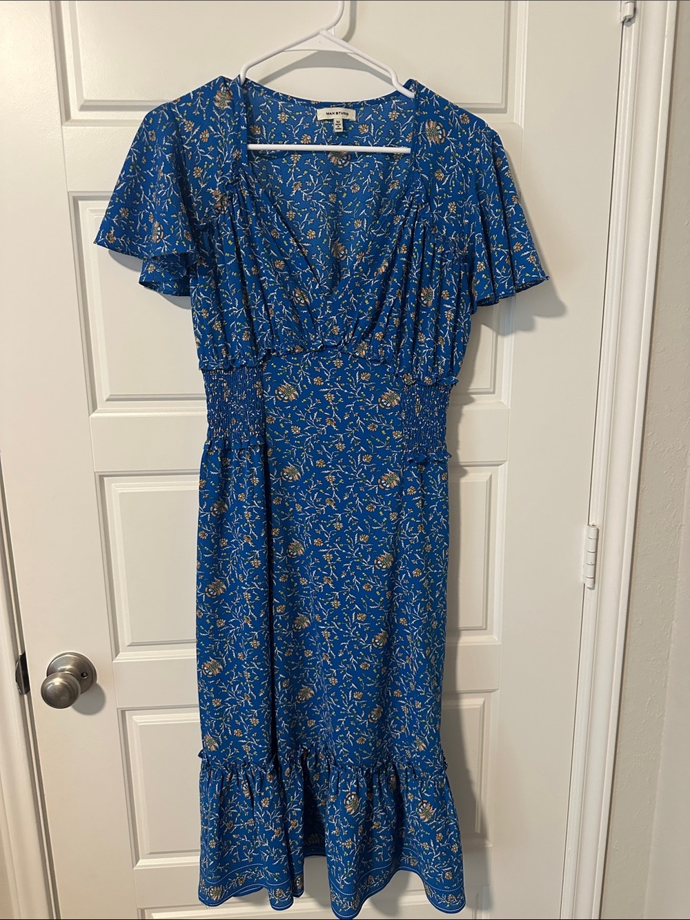 Max Studio Blue Floral Midi Dress with Ruffle Hem